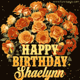 Animated bouquet of orange roses with moving butterfles and golden 'Happy Birthday Shaelynn' text, surrounded by sparkling accents and a dark backdrop for a luxurious feel.