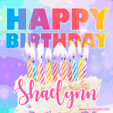 A vibrant animated name GIF with the words 'Happy Birthday Shaelynn' with colorful candles on a creamy cake. The background sparkles with pastel shades, adding a festive touch.
