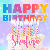 A vibrant animated name GIF with the words 'Happy Birthday Shafiqa' with colorful candles on a creamy cake. The background sparkles with pastel shades, adding a festive touch.