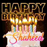 A vibrant animated GIF featuring a delicious birthday cake topped with glowing candles and the name 'Shaheed' in elegant script, and the words 'Happy Birthday' on the black background.