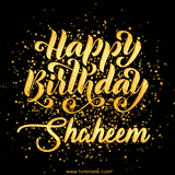Animated GIF with colorful, festive 'Happy Birthday Shaheem' text decorated with patterns, a party hat, and falling confetti. A vibrant and cheerful design for birthday celebrations.