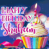 A festive animated GIF featuring a colorful cupcake with a single lit candle, sprinkles, and 'Happy Birthday Shaheem' text against a sparkling, celebratory background.
