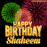 A captivating GIF with bursts of green, pink, and orange fireworks lighting up the night sky, accompanied by 'Happy Birthday Shaheem' in glowing golden text.