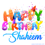 Animated GIF with colorful, festive 'Happy Birthday Shaheem' text decorated with patterns, a party hat, and falling confetti. A vibrant and cheerful design for birthday celebrations.