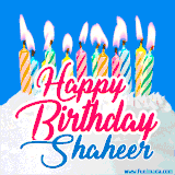 A cheerful animated GIF featuring colorful lit birthday candles on a white cake, with the text 'Happy Birthday Shaheer' in bold red and blue script on a bright blue background.