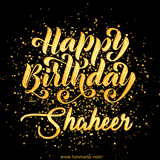 Animated GIF with colorful, festive 'Happy Birthday Shaheer' text decorated with patterns, a party hat, and falling confetti. A vibrant and cheerful design for birthday celebrations.