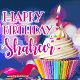 A festive animated GIF featuring a colorful cupcake with a single lit candle, sprinkles, and 'Happy Birthday Shaheer' text against a sparkling, celebratory background.
