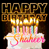 A vibrant animated GIF featuring a delicious birthday cake topped with glowing candles and the name 'Shaheer' in elegant script, and the words 'Happy Birthday' on the black background.