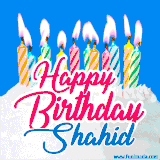 A cheerful animated GIF featuring colorful lit birthday candles on a white cake, with the text 'Happy Birthday Shahid' in bold red and blue script on a bright blue background.