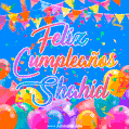 A vibrant animated GIF with 'Feliz Cumpleaños Shahid' written in colorful script, surrounded by balloons, confetti, and bunting on a bright blue background.