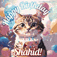 Happy birthday gif for Shahid with cat and cake