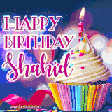 A festive animated GIF featuring a colorful cupcake with a single lit candle, sprinkles, and 'Happy Birthday Shahid' text against a sparkling, celebratory background.