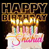 A vibrant animated GIF featuring a delicious birthday cake topped with glowing candles and the name 'Shahid' in elegant script, and the words 'Happy Birthday' on the black background.