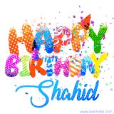 Animated GIF with colorful, festive 'Happy Birthday Shahid' text decorated with patterns, a party hat, and falling confetti. A vibrant and cheerful design for birthday celebrations.