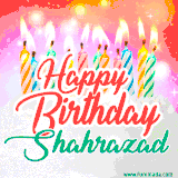 Bright birthday candles with rainbow flames on a cake, alongside the text 'Happy Birthday Shahrazad' in vibrant script in this celebratory animated GIF.