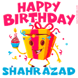 A vibrant and funny gift box character with a happy face dancing with a cupcake and the text 'Happy Birthday Shahrazad,' surrounded by animated confetti and party vibes.