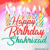 Bright birthday candles with rainbow flames on a cake, alongside the text 'Happy Birthday Shahrizad' in vibrant script in this celebratory animated GIF.