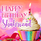 A vibrant birthday GIF featuring a rainbow-colored cupcake topped with white frosting, sprinkles, and a lit candle. The text reads 'Happy Birthday Shahrizad' in bold pink and violet letters with white outline.