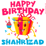 A vibrant and funny gift box character with a happy face dancing with a cupcake and the text 'Happy Birthday Shahrizad,' surrounded by animated confetti and party vibes.