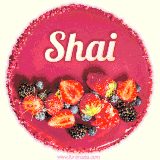 Beautifully decorated red velvet berry birthday cake with vibrant fruits and a glowing 'Shai' name, adding a touch of sweetness and sparkle.