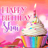 A vibrant birthday GIF featuring a rainbow-colored cupcake topped with white frosting, sprinkles, and a lit candle. The text reads 'Happy Birthday Shai' in bold pink and violet letters with white outline.