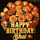 Animated bouquet of orange roses with moving butterfles and golden 'Happy Birthday Shai' text, surrounded by sparkling accents and a dark backdrop for a luxurious feel.