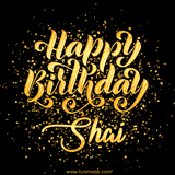 Animated GIF with colorful, festive 'Happy Birthday Shai' text decorated with patterns, a party hat, and falling confetti. A vibrant and cheerful design for birthday celebrations.