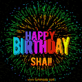 A colorful animated GIF featuring the text 'Happy Birthday Shai!' in rainbow colors with a dynamic iridescent firework display in the background.