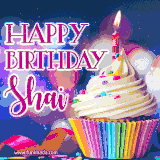 A festive animated GIF featuring a colorful cupcake with a single lit candle, sprinkles, and 'Happy Birthday Shai' text against a sparkling, celebratory background.