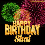 A captivating GIF with bursts of green, pink, and orange fireworks lighting up the night sky, accompanied by 'Happy Birthday Shai' in glowing golden text.