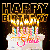 A vibrant animated GIF featuring a delicious birthday cake topped with glowing candles and the name 'Shai' in elegant script, and the words 'Happy Birthday' on the black background.