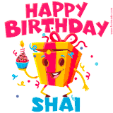 A funny animated birthday GIF with the words 'Happy Birthday Shaia', colorful gift box with arms and legs, holding a cupcake with a lit candle  with confetti everywhere.