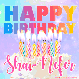 A vibrant animated name GIF with the words 'Happy Birthday Shai-Nefer' with colorful candles on a creamy cake. The background sparkles with pastel shades, adding a festive touch.