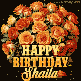 Animated bouquet of orange roses with moving butterfles and golden 'Happy Birthday Shaila' text, surrounded by sparkling accents and a dark backdrop for a luxurious feel.