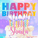 A vibrant animated name GIF with the words 'Happy Birthday Shaila' with colorful candles on a creamy cake. The background sparkles with pastel shades, adding a festive touch.