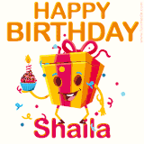 A vibrant and funny gift box character with a happy face dancing with a cupcake and the text 'Happy Birthday Shaila,' surrounded by animated confetti and party vibes.