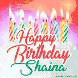 Bright birthday candles with rainbow flames on a cake, alongside the text 'Happy Birthday Shaina' in vibrant script in this celebratory animated GIF.