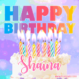 A vibrant animated name GIF with the words 'Happy Birthday Shaina' with colorful candles on a creamy cake. The background sparkles with pastel shades, adding a festive touch.