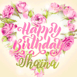 A stunning heart made of pink roses surrounds the elegant script text 'Happy Birthday Shaina' on a soft beige background. Animated sparkles add a magical and festive feel.