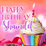 A vibrant birthday GIF featuring a rainbow-colored cupcake topped with white frosting, sprinkles, and a lit candle. The text reads 'Happy Birthday Shaindel' in bold pink and violet letters with white outline.