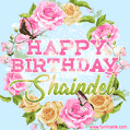 A charming animated GIF featuring 'Happy Birthday Shaindel' in pink and green text, surrounded by delicate roses, leaves, and fluttering butterflies on a soft light blue pastel background.