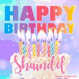 A vibrant animated name GIF with the words 'Happy Birthday Shaindel' with colorful candles on a creamy cake. The background sparkles with pastel shades, adding a festive touch.