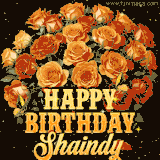 Animated bouquet of orange roses with moving butterfles and golden 'Happy Birthday Shaindy' text, surrounded by sparkling accents and a dark backdrop for a luxurious feel.