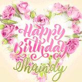 A stunning heart made of pink roses surrounds the elegant script text 'Happy Birthday Shaindy' on a soft beige background. Animated sparkles add a magical and festive feel.