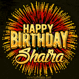 Golden 'Happy Birthday Shaira' text accompanied by animated rainbow fireworks for a festive animated greeting.