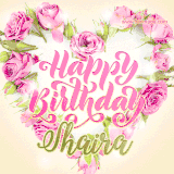 A stunning heart made of pink roses surrounds the elegant script text 'Happy Birthday Shaira' on a soft beige background. Animated sparkles add a magical and festive feel.