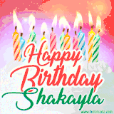 Bright birthday candles with rainbow flames on a cake, alongside the text 'Happy Birthday Shakayla' in vibrant script in this celebratory animated GIF.