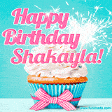 A festive cupcake with pink icing, a gingham bow, and a lit animated sparkler, paired with 'Happy Birthday Shakayla!' in bright pink text.
