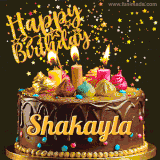 A delightful chocolate birthday cake with bright candles and 'Happy Birthday Shakayla' written in gold amidst a shower of animated stars.