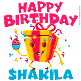 A vibrant and funny gift box character with a happy face dancing with a cupcake and the text 'Happy Birthday Shakila,' surrounded by animated confetti and party vibes.